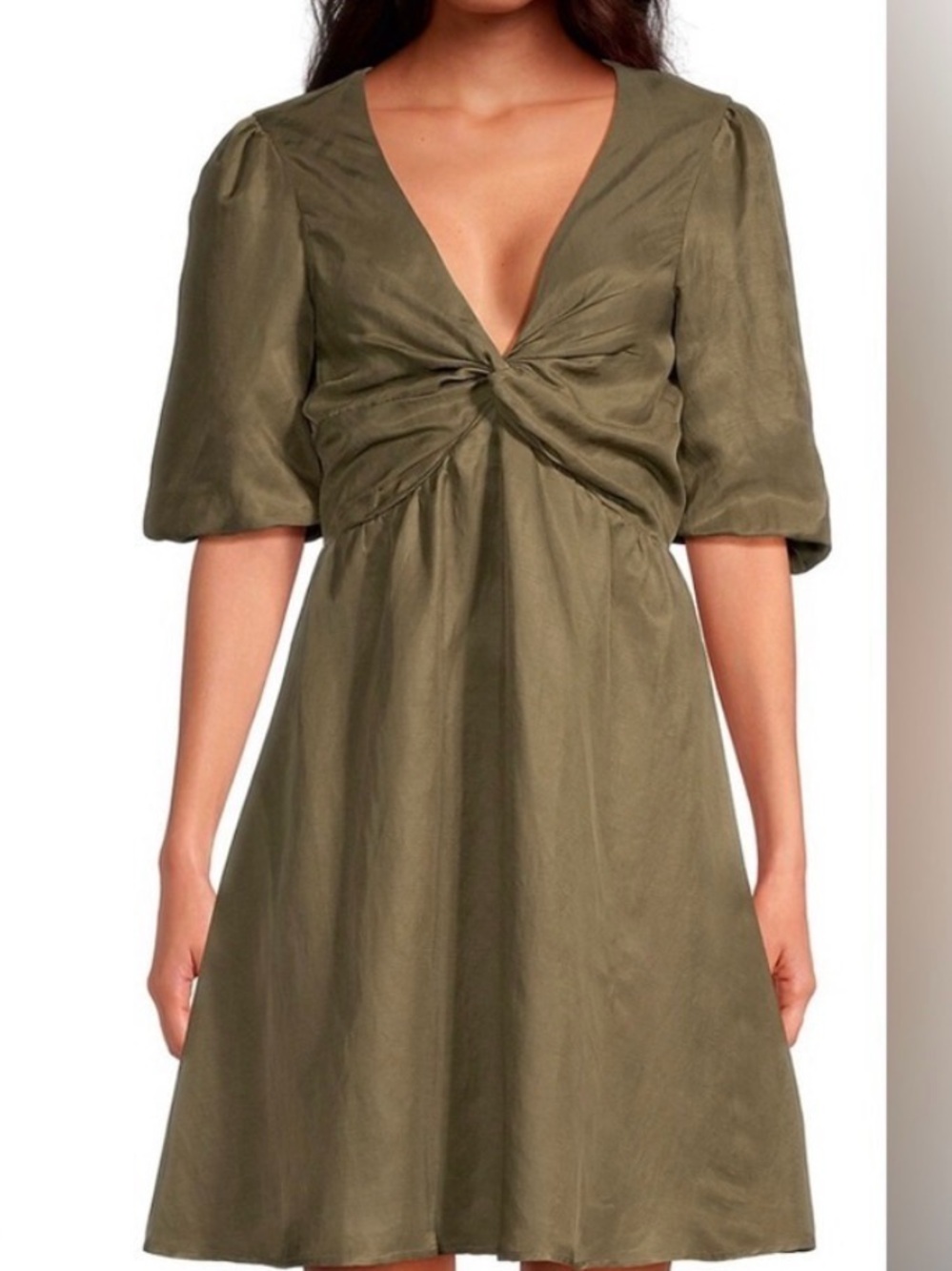 Twist-Front Olive Mini Dress with V-Neck